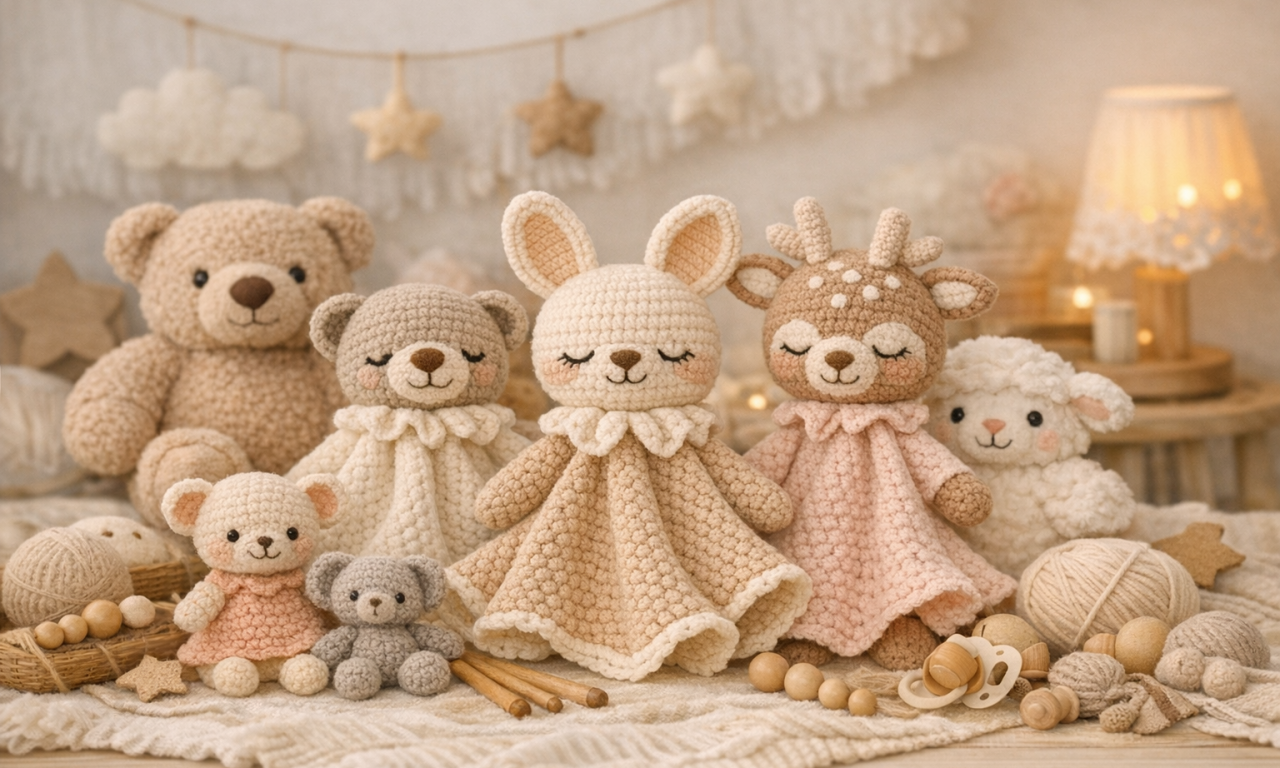 Doudous artisanaux au crochet et peluches dans une chambre d’enfant douce et poétique – Bouille de Laine