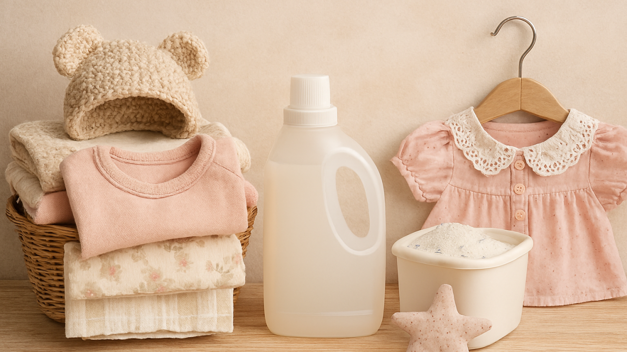 Scène douce de lessive pour bébé : panier en osier, vêtements pastel, lessive douce et décor artisanal