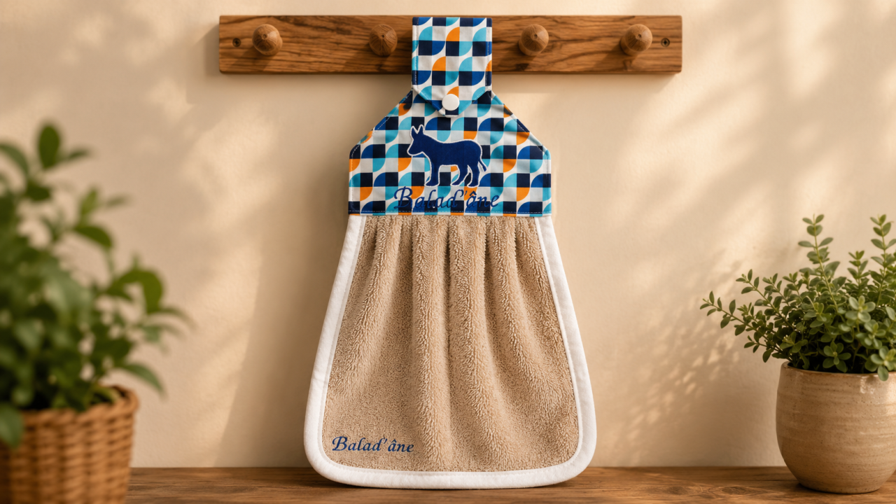 Torchon personnalisé Balad'Âne avec motif géométrique et logo brodé