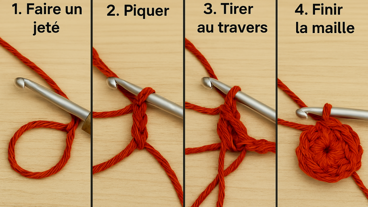 Gros plan sur les 4 étapes de la bride au crochet avec fil rouge sur fond bois clair