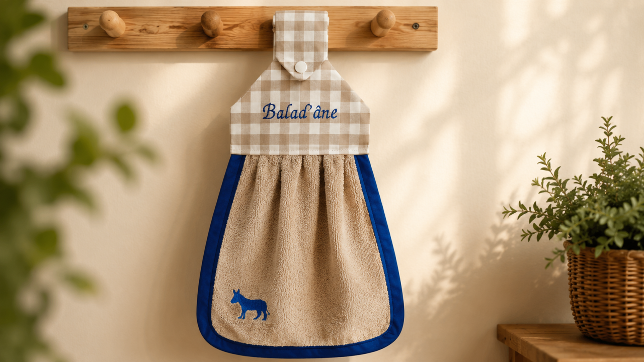 Torchon personnalisé Balad'Âne brodé avec logo pour chambres d'hôtes et roulotte
