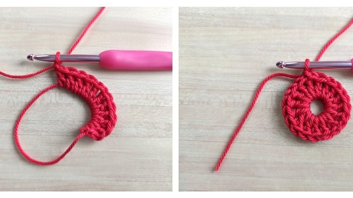 Étapes du cercle magique au crochet avec du fil rouge et un crochet à manche rose