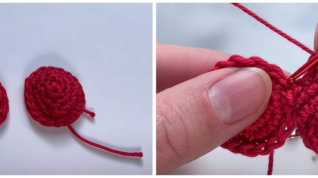 Assemblage de deux ronds au crochet pour former un cœur en crochet, fil rouge et crochet métallique