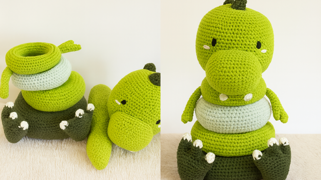 Jouet empilable artisanal au crochet en forme de dinosaure, réalisé en watt anti-allergène, conçu pour stimuler la motricité fine des bébé
