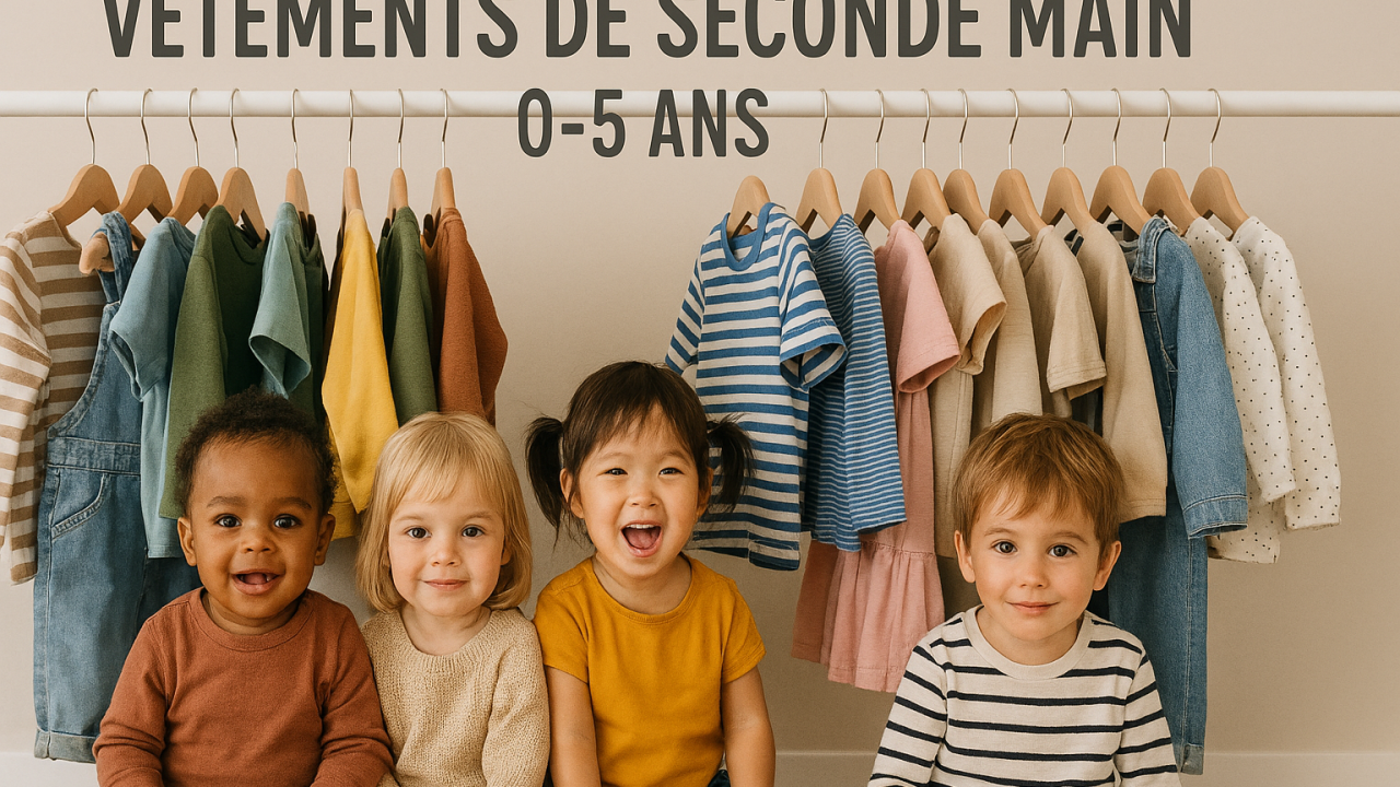  Ensemble de vêtements de seconde main pour enfants de 0 à 5 ans, présentés à plat sur fond doux et neutre, ambiance chaleureuse et familiale.