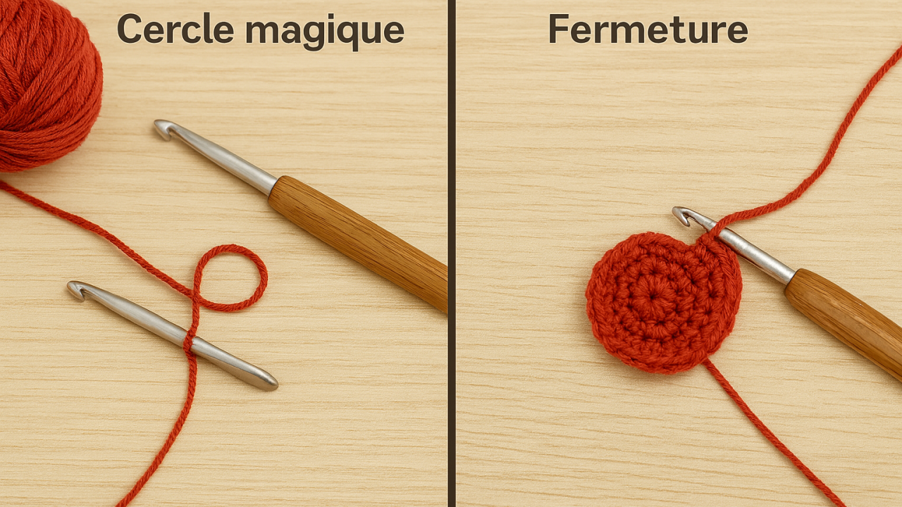 Étapes du cercle magique au crochet avec fil rouge : début et fermeture sur fond bois clair