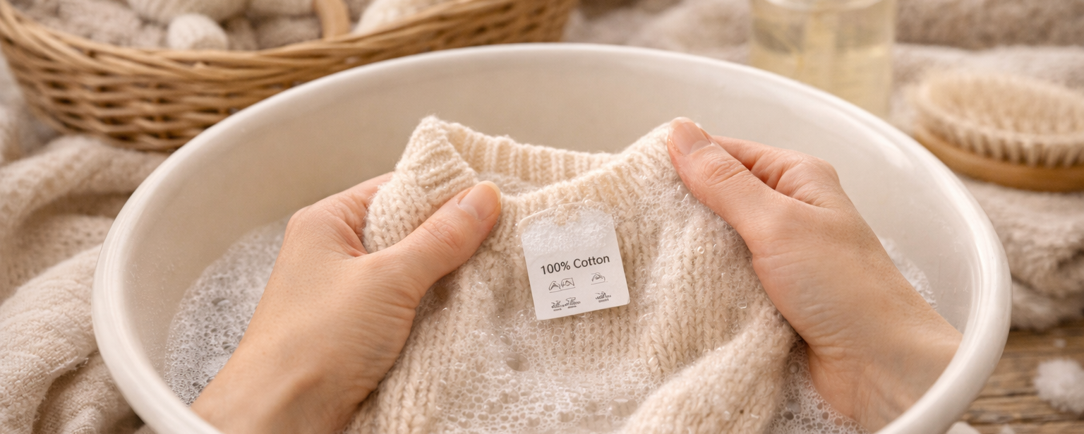Parent lavant délicatement un pull bébé en laine dans une bassine avec savon, ambiance douce et panier de vêtements pliés en arrière-plan