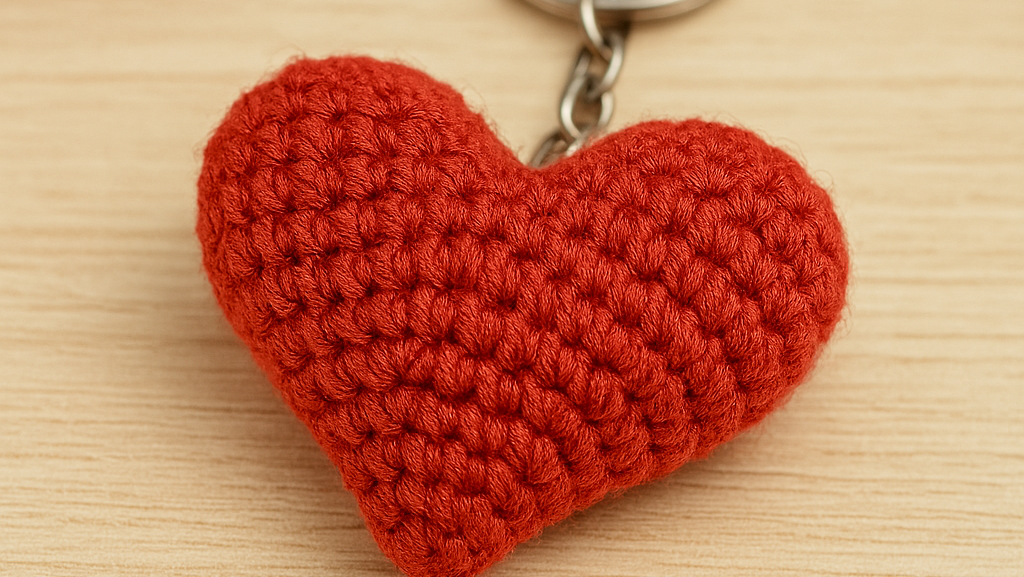 Porte-clés cœur au crochet rouge sur fond bois clair, avec crochet et pelote en arrière-plan