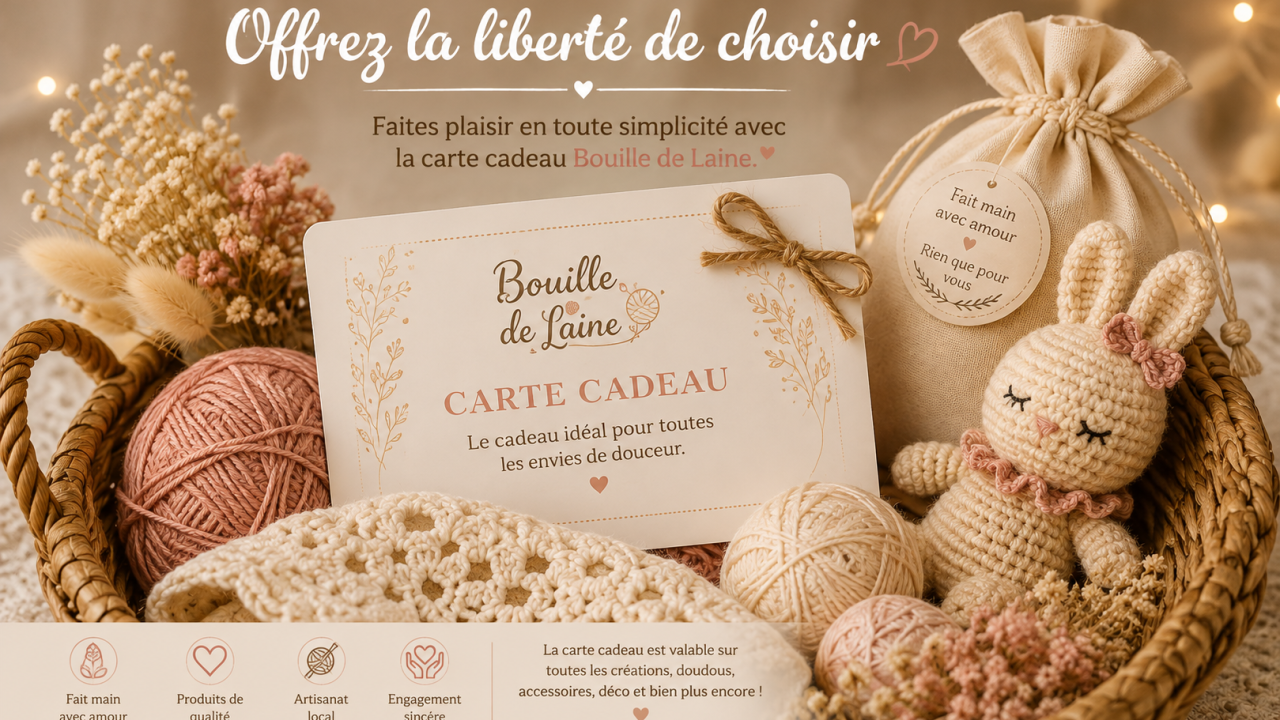 Carte cadeau Bouille de Laine présentée dans un univers doux et chaleureux avec pelotes de laine, lapin au crochet et créations artisanales pour bébé