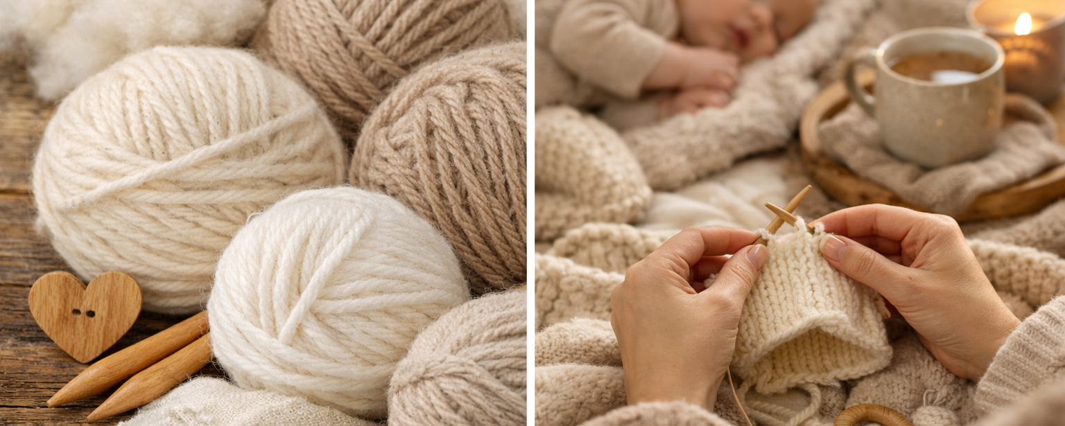 Pelotes de laine naturelle et bébé emmitouflé dans une couverture douce, ambiance cocooning et chaleureuse