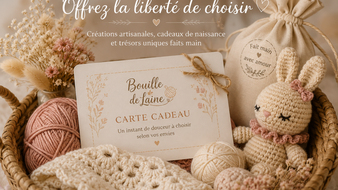 Carte cadeau Bouille de Laine présentée dans un univers doux et chaleureux avec pelotes de laine, lapin au crochet et créations artisanales pour bébé