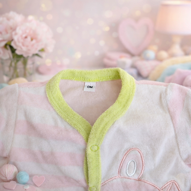 Gros plan sur le col vert d’eau et les rayures rose et blanc d’un pyjama 0 mois, ambiance chambre de bébé pastel.