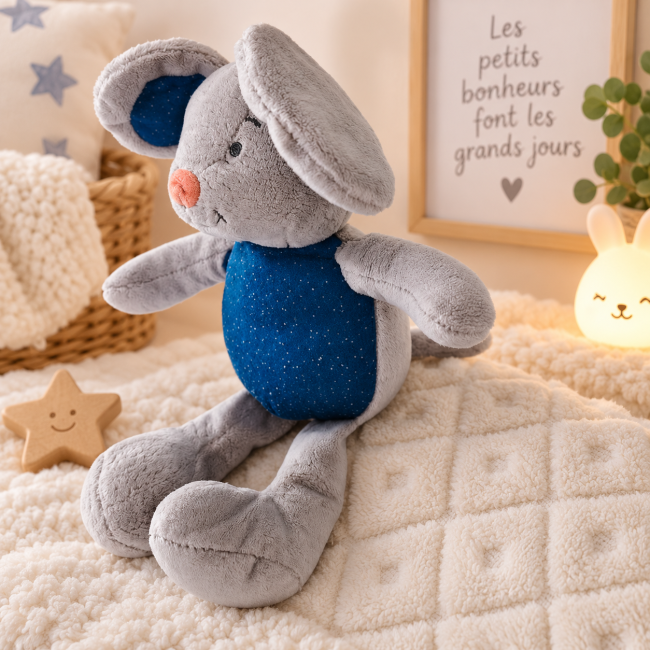 Doudou peluche gris et bleu de seconde main vue de côté