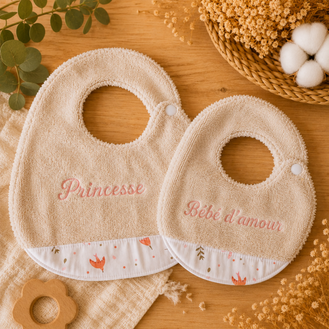 Ensemble de deux bavoirs bébé artisanaux en fibre de bambou motif oiseaux et végétaux T1 et T2