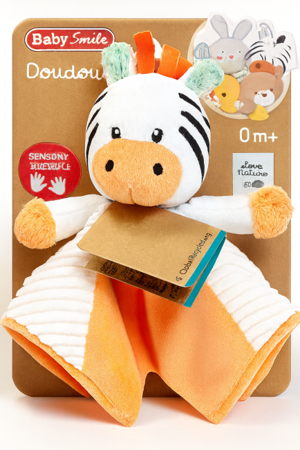 Doudou zèbre Baby Smile sensoriel pour bébé dès la naissance, avec couverture orange et blanche