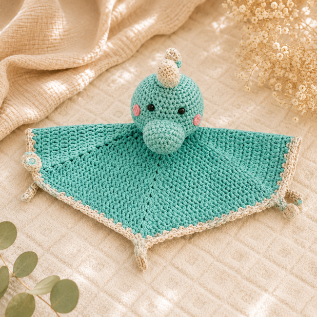 Doudou dragon crochet turquoise – Création artisanale bébé Doudou dragon turquoise au crochet fait main dans une ambiance douce et naturelle pour bébé