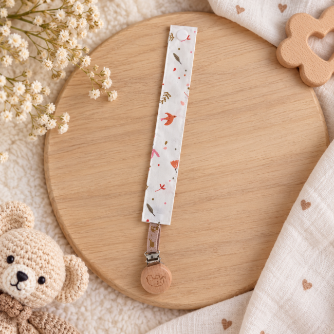Attache sucette artisanale en tissu motifs oiseaux et feuillages