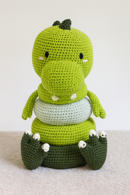Jouet empilable dinosaure au crochet entièrement assemblé avec ses anneaux, prêt pour l’éveil de bébé