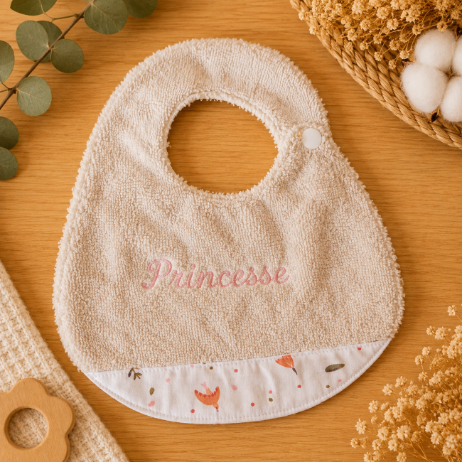 Bavoir bébé T2 côté imprimé avec oiseaux, feuilles et fleurs dans des tons rose et terracotta