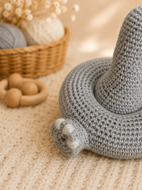 Anneau crochet artisanal gris â DĂ©tail jouet bĂ©bĂ© DĂ©tail dâun anneau empilable gris au crochet avec finition artisanale pour bĂ©bĂ©