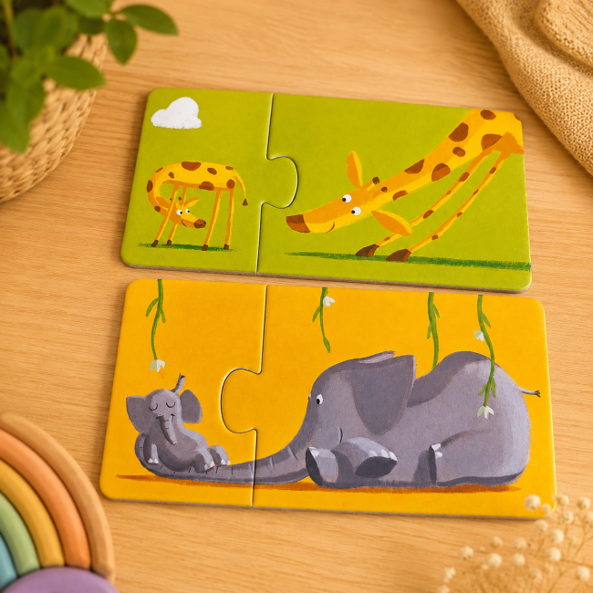 Puzzles Maman et Bébé DJECO assemblés avec différentes illustrations d'animaux