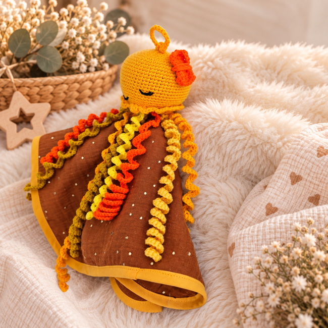 : Pieuvre artisanale au crochet vue de profil avec tentacules colorées