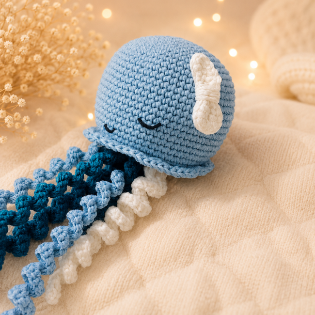 Pieuvre amigurumi bleue au crochet posée sur un plaid beige avec lumière cocooning