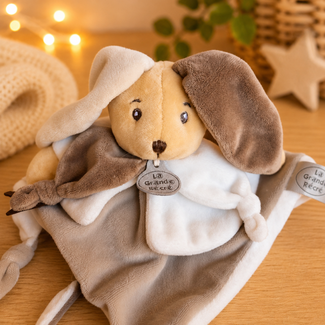 Doudou lapin beige et blanc tout doux avec grandes oreilles
