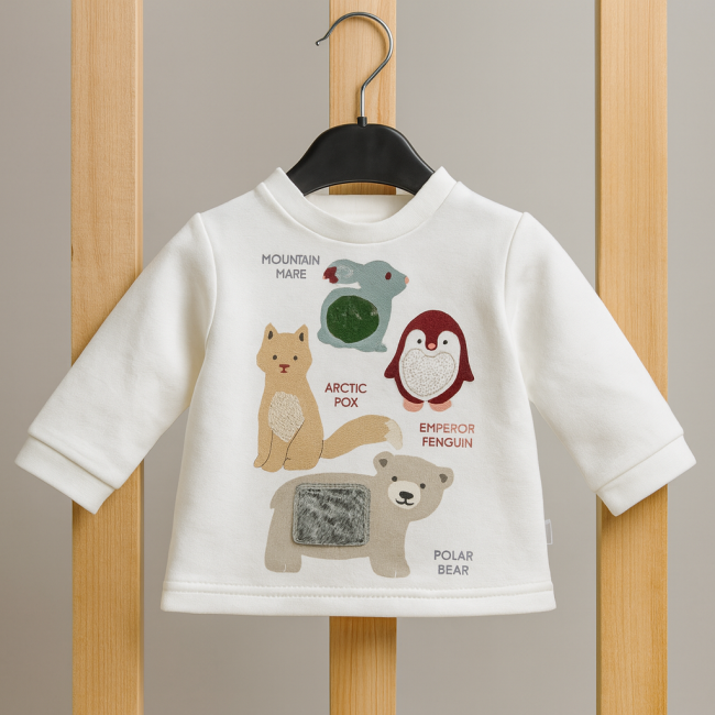 Sweat bébé blanc à manches longues, suspendu sur un cintre noir devant une structure en bois naturel.