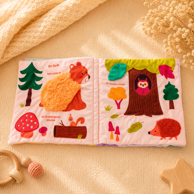 Livre d'éveil en tissu avec ours et éléments de la forêt pour bébé