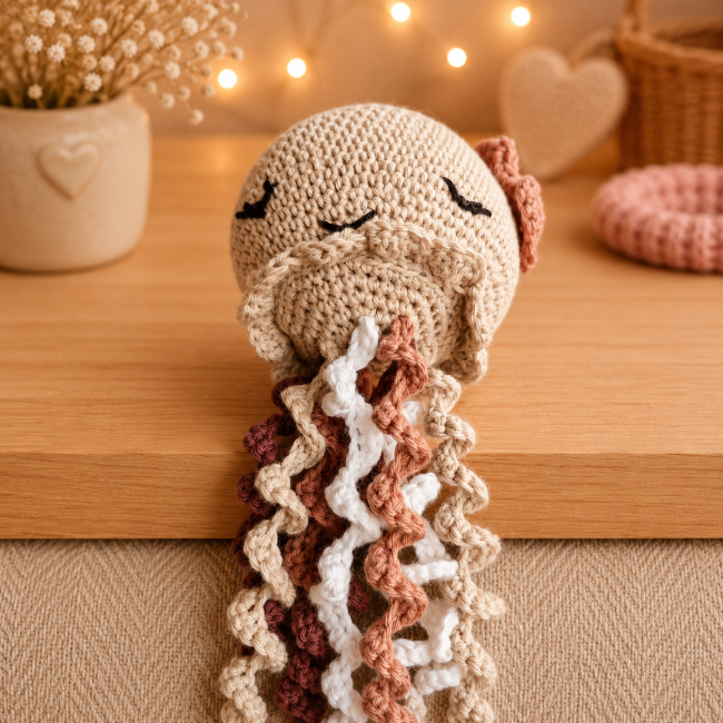 Méduse amigurumi beige avec tentacules spiralées dans une ambiance lumineuse et apaisante