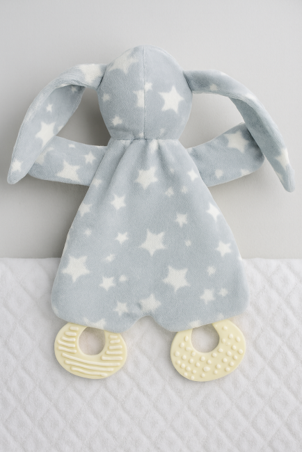 Doudou lapin gris à étoiles blanches avec anneaux de dentition crème