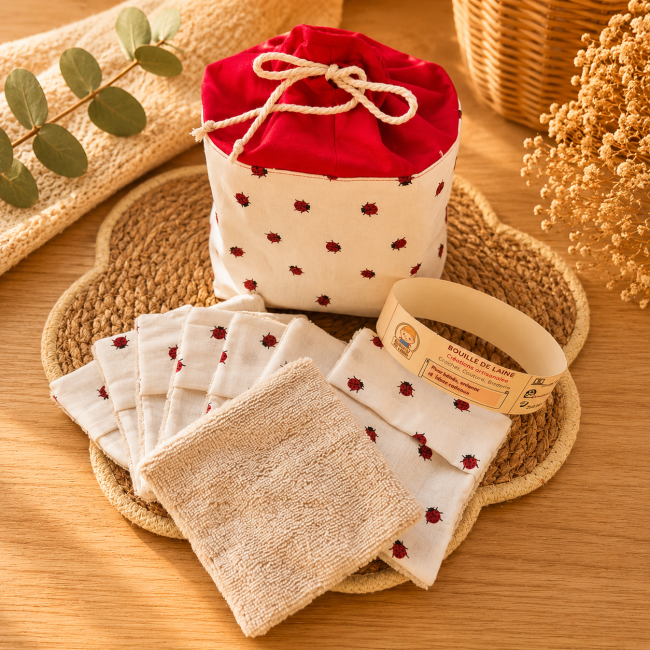 8 lingettes lavables en fibre de bambou avec pochon artisanal motif coccinelles