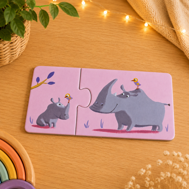 Puzzle deux pièces représentant un rhinocéros adulte et son petit avec des oiseaux