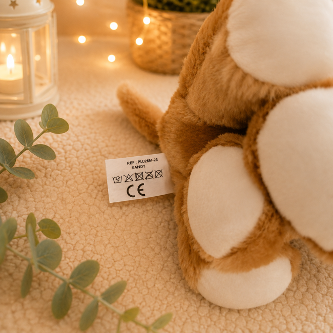 Lion en peluche Sandy avec étiquette CE et informations d'entretien