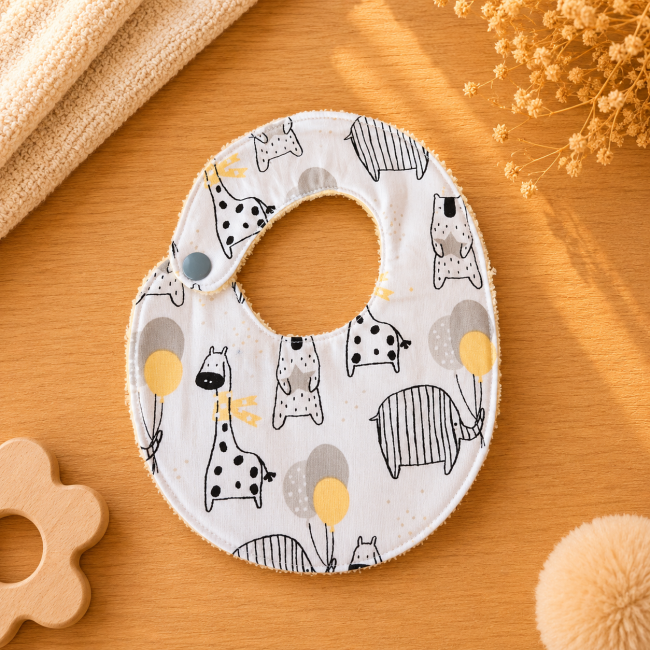 Bavoir artisanal bébé T1 côté coton motif animaux Bavoir artisanal bébé T1 en coton imprimé animaux girafe ours et éléphant