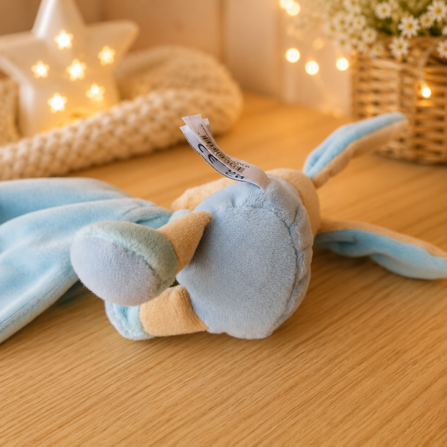 Vue de dessous du doudou Baby Nat' Dessous du doudou plat lapin Baby Nat' bleu pour bébé