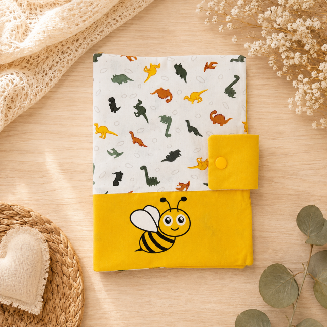 Protège-carnet de santé bébé jaune avec motifs dinosaures et abeille