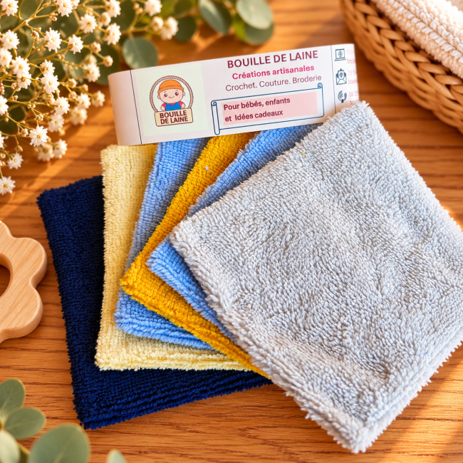Lot de 6 lingettes lavables en bambou – couleurs variées Lot de 6 lingettes lavables en bambou colorées artisanales