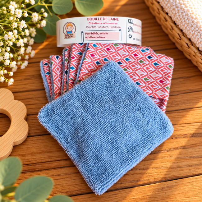 6 lingettes lavables artisanales en bambou aux motifs géométriques colorés