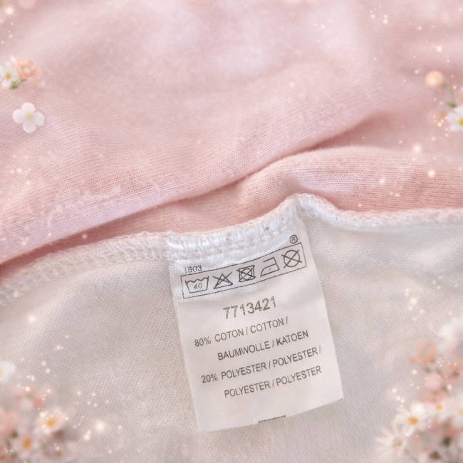  Étiquette d’un pyjama naissance indiquant composition coton et polyester, posée sur tissu rose et blanc