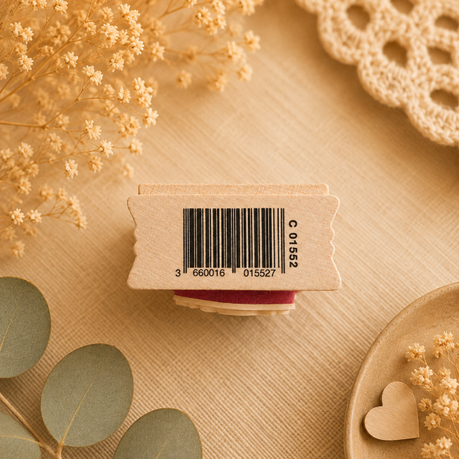 Tampon en bois Aladine Cœur fleuri avec code-barres