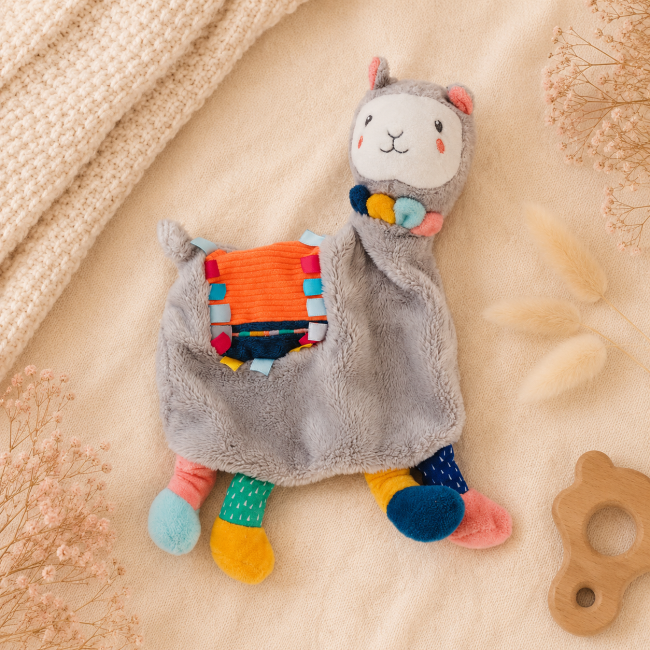 Doudou lama sensoriel gris multicolore bébé seconde main vue avant