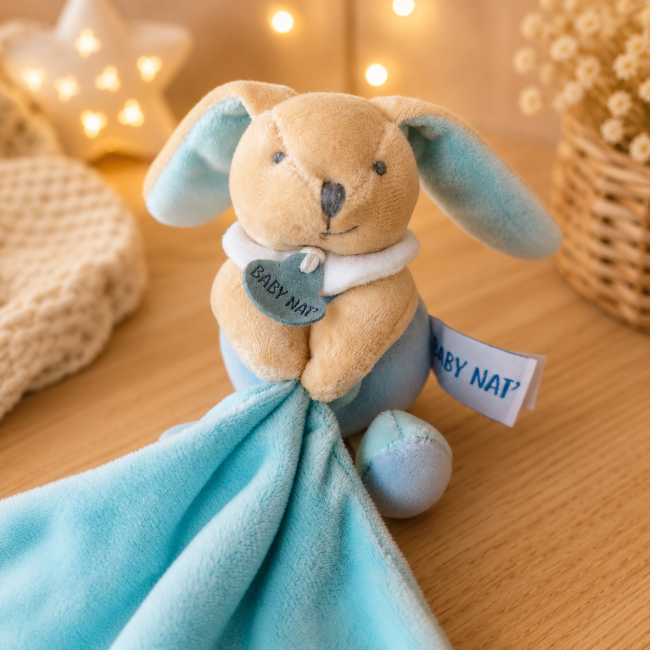 Vue de face du doudou lapin Baby Nat' Tête du doudou plat lapin Baby Nat' bleu et beige de seconde main