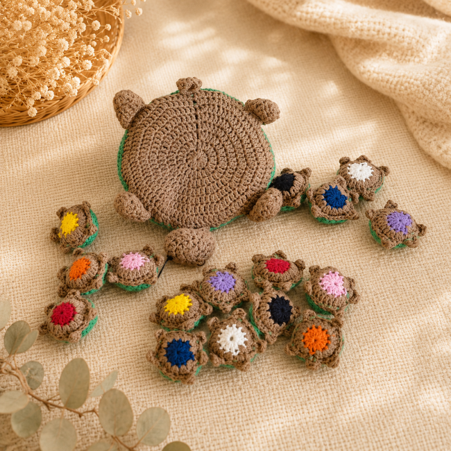 Jeu Memory Tortue – Associer les couleurs au cœur du ventre Détail d’une tortue au crochet vert avec petites tortues cachées sous la carapace