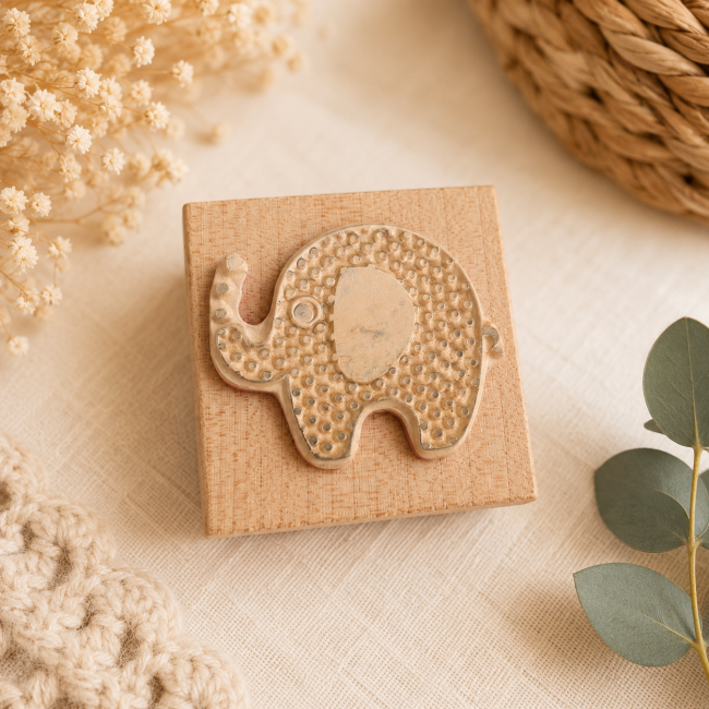 Tampon Aladine en bois avec motif éléphant en caoutchouc