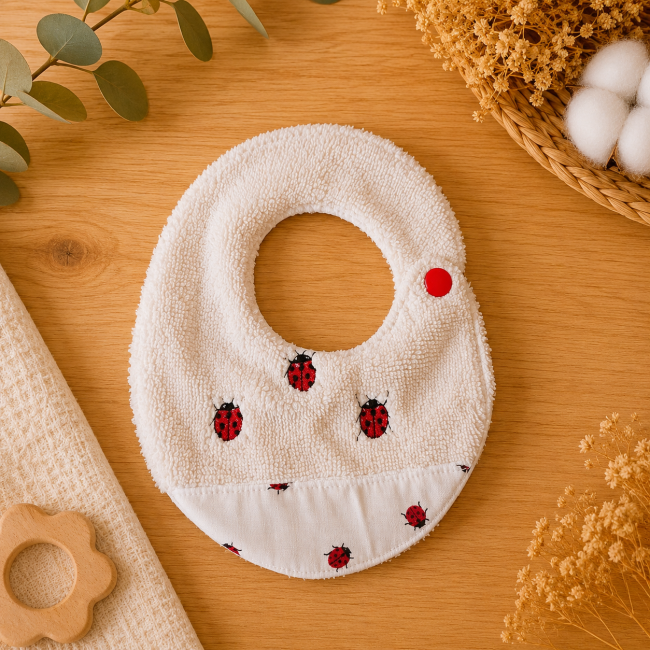 Grand bavoir bébé T1 en fibre de bambou écrue avec motifs coccinelles rouges