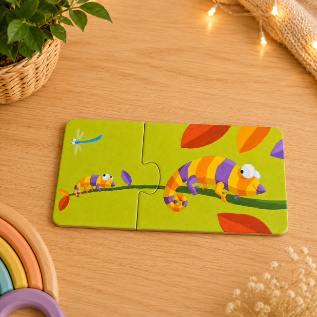 Puzzle deux pièces avec un petit et un grand caméléon coloré sur une branche
