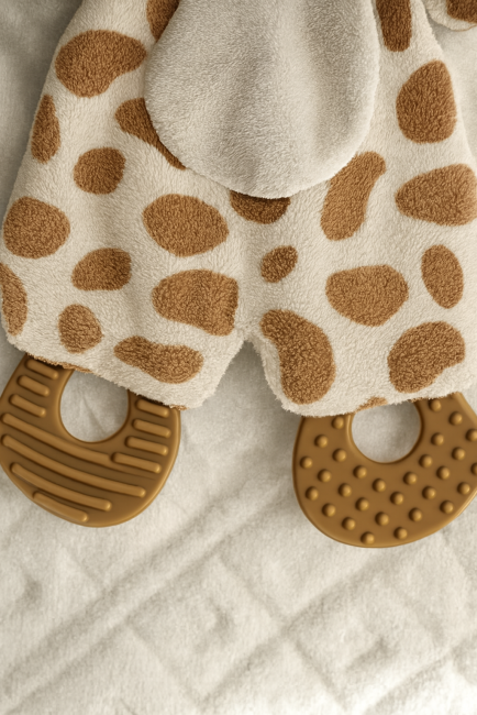 Détail des anneaux de dentition du jouet girafe seconde main, textures striées et à picots