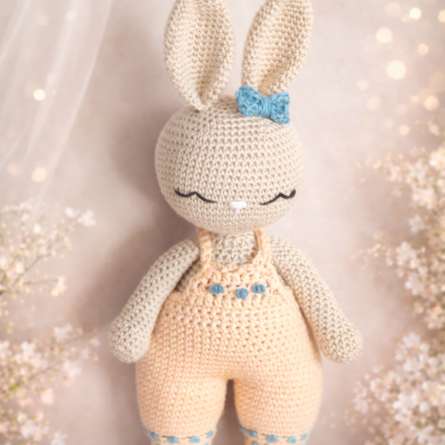 Détail salopette lapin crochet coton fait main
